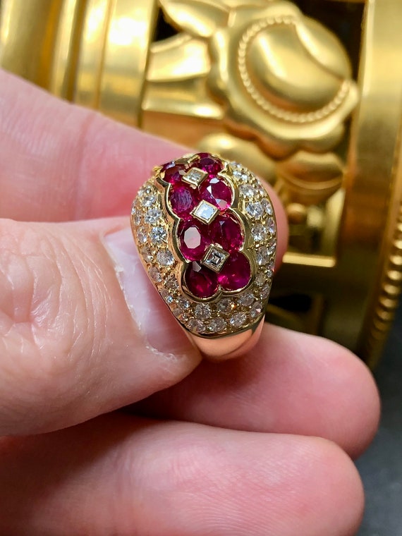 Estate 18K Yellow Gold Oval Ruby Pave Diamond Coc… - image 8