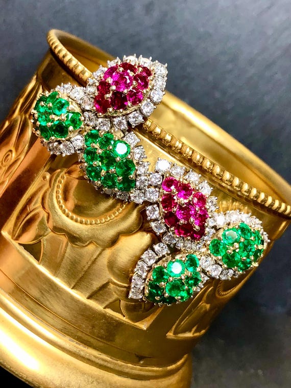 Platinum 18K Ruby Emerald Diamond Leaf Earrings - image 1