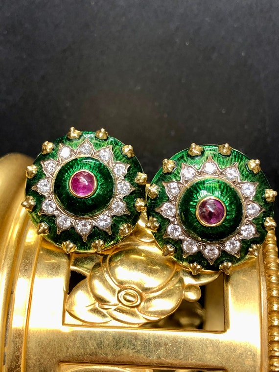 Vintage 18K BORIS LEBEAU Green Enamel Ruby Diamond