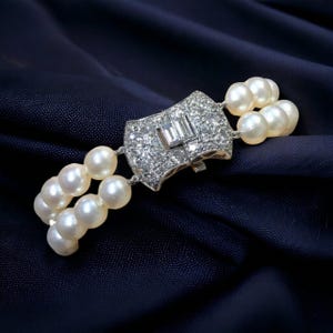 Vintage Art Deco Platinum Old European Baguette Diamond Pearl Bracelet 6.50”