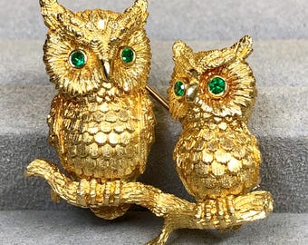 owl様 イヤリング Vintage 18K Yellow Gold KURT WAYNE Emerald Double Owl Textured