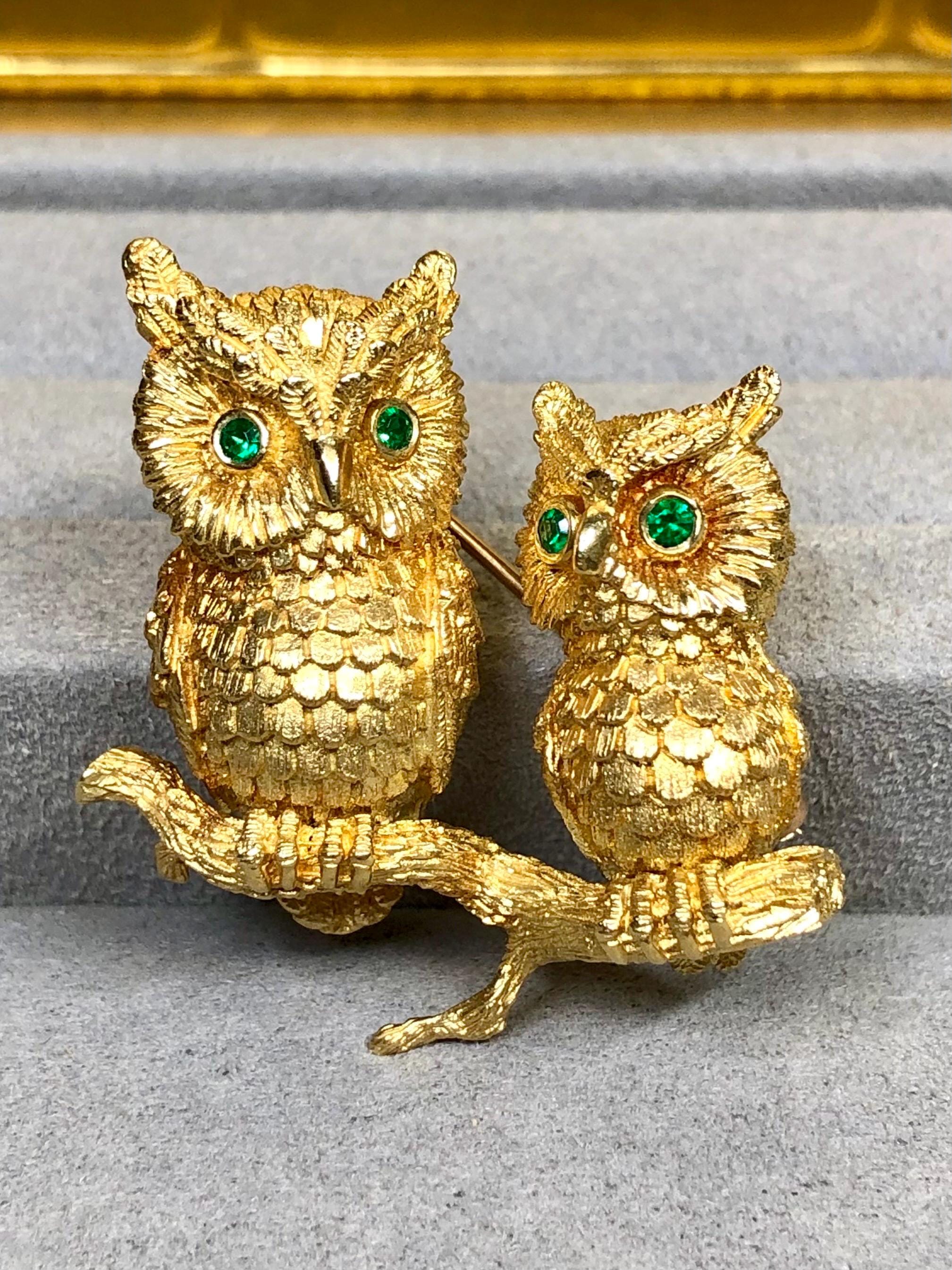 Vintage 18K Yellow Gold KURT WAYNE Emerald Double Owl Textured