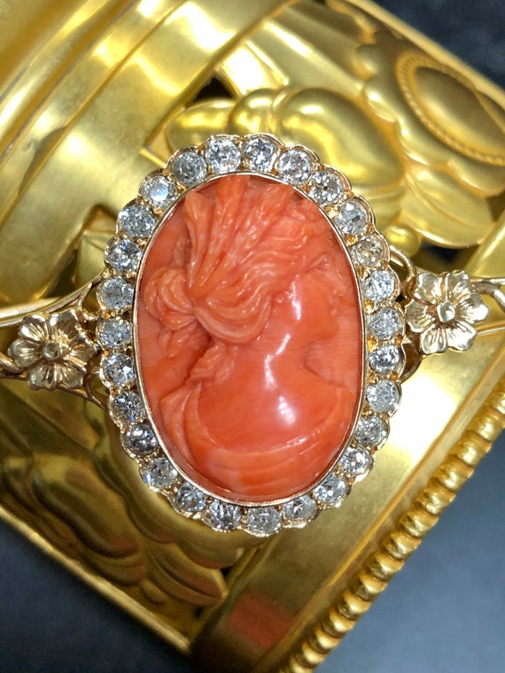 Antique Victorian Mine Cut Diamond Coral Cameo Br… - image 2