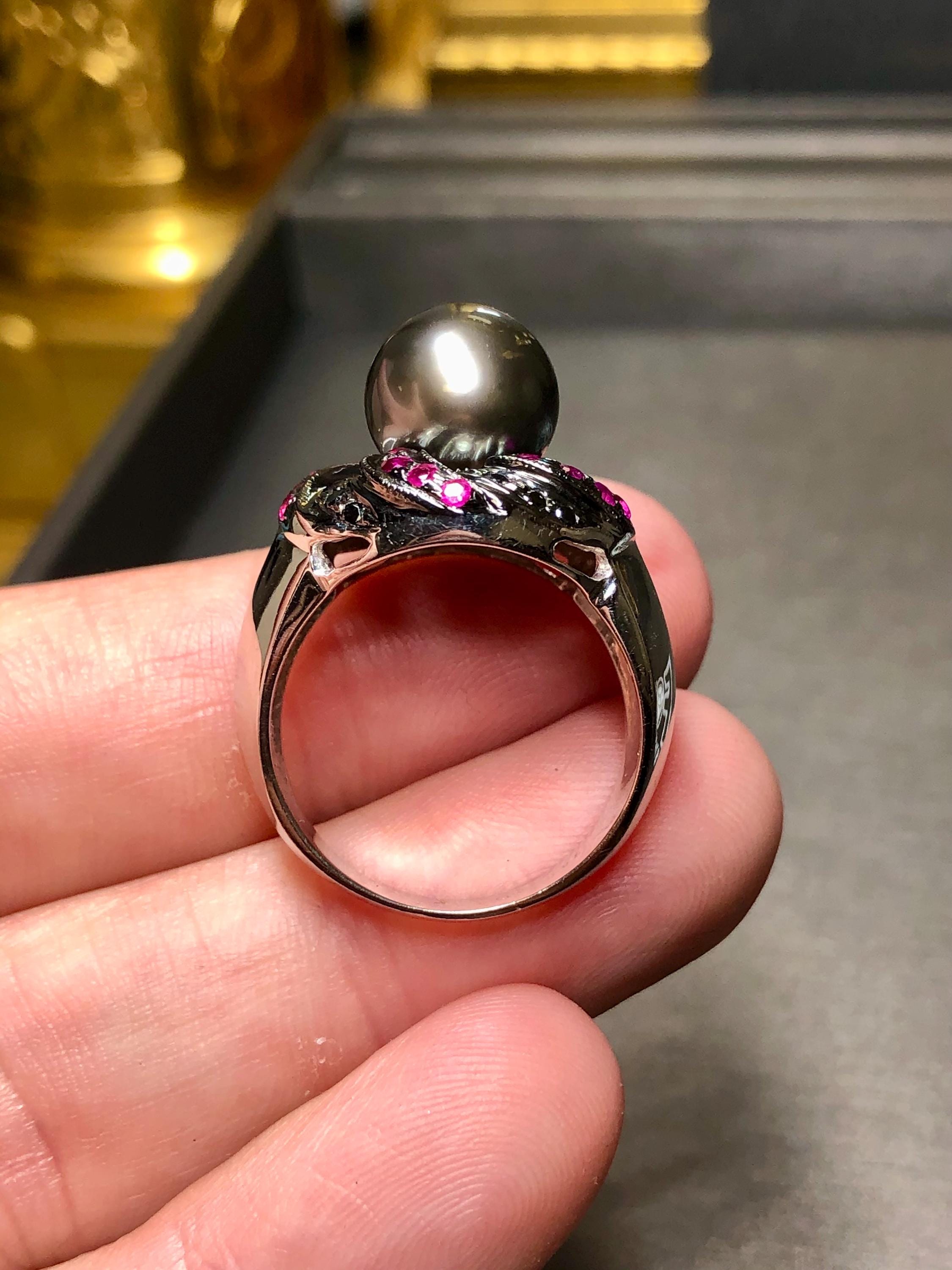 エステート 14K タヒチアンパール ブラックダイヤモンド ルビー 
