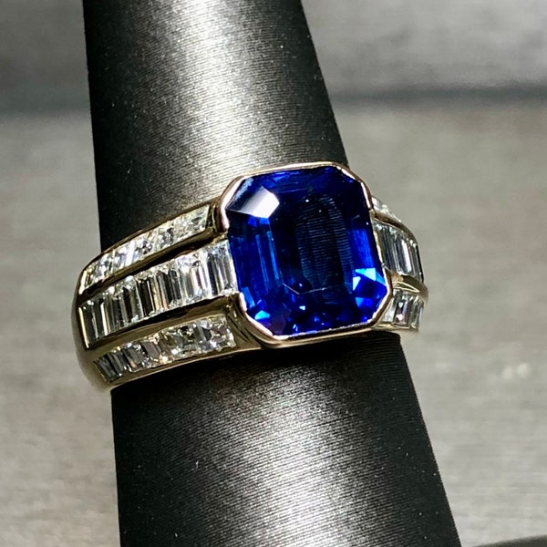 Estate 18K Emerald Cut Sapphire Baguette Diamond Cocktail Ring GIA 6.30cttw Sz 7