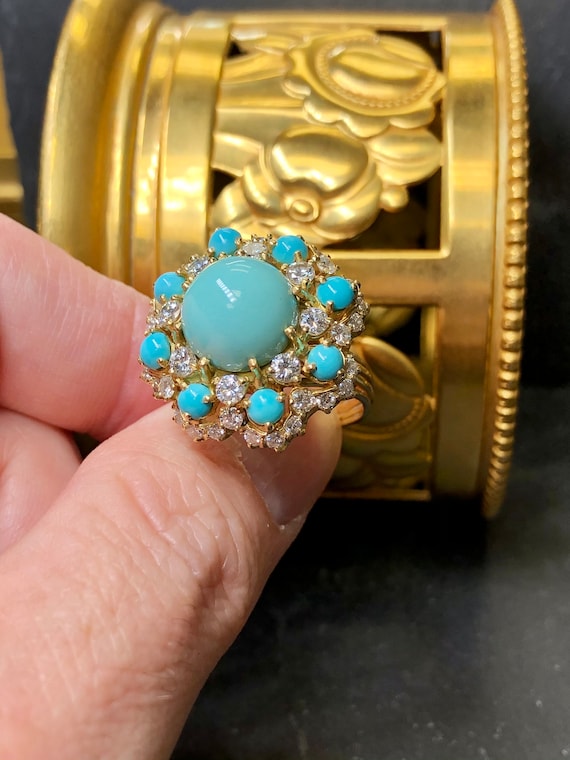 Vintage Octagonal 18K Cabochon Turquoise Diamond … - image 5