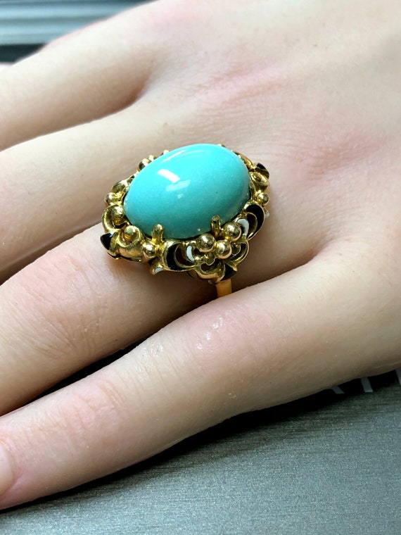 Vintage Mid Century 18K Cabochon Turquoise Enamel Cocktail