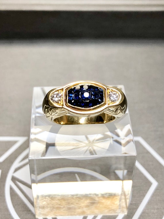 Estate 18K Invisible Set Deep Blue Sapphire Diamon