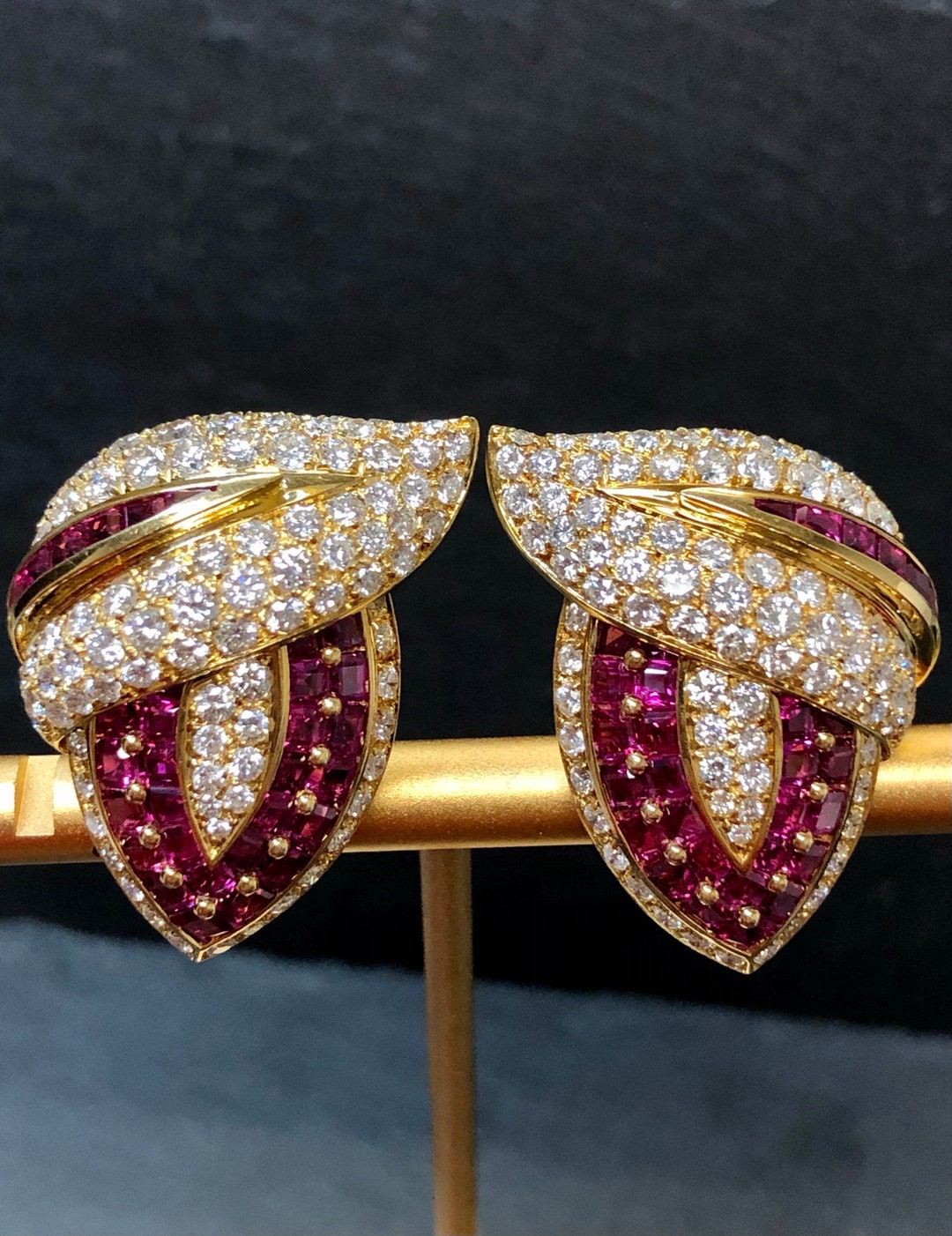 Estate GIOVANE 18K Ruby Diamond Pave Clip Cocktail Huggie Earrings