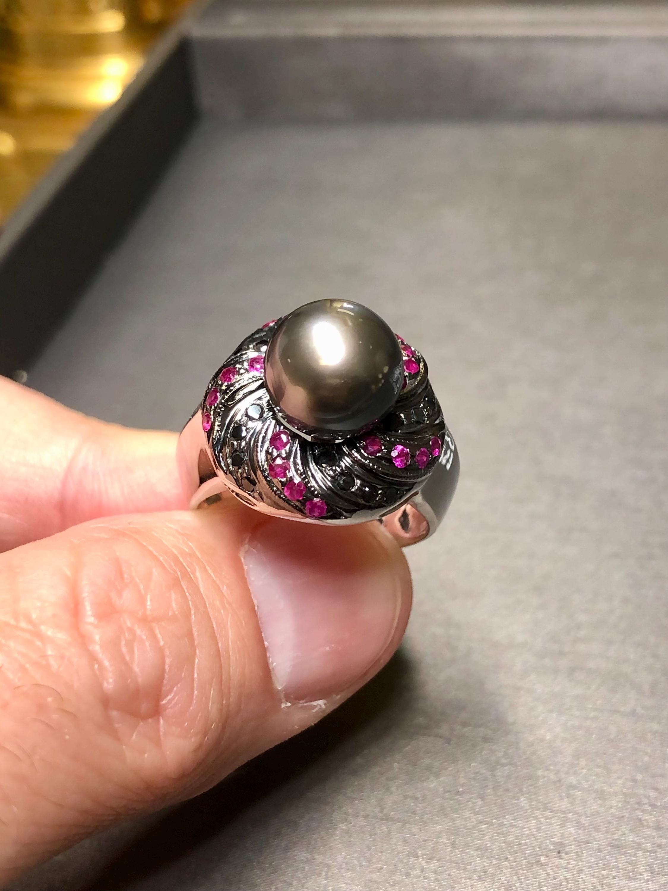 エステート 14K タヒチアンパール ブラックダイヤモンド ルビー 