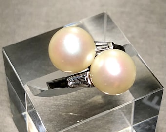 Vintage platina stokbrood diamanten parel bypass cocktailring Sz 6,25 "