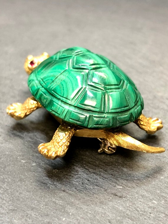 18K Malachite Ruby Turtle Pin - image 4