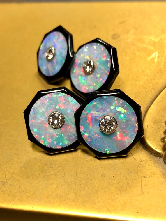 Vintage Black Opal & Onyx 18K Diamond Cufflinks