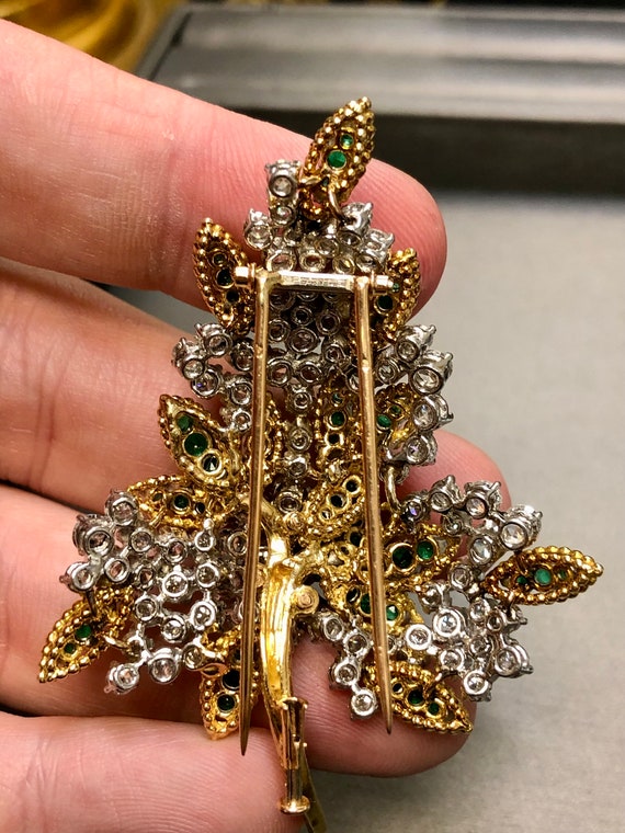French 18K Platinum Diamond Emerald Leaf Brooch View 5