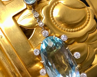 Antique Art Deco 18K Platinum Aquamarine Mine Cut Diamond Y-Drop Necklace