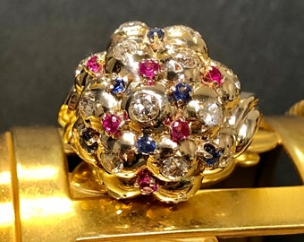 Vintage 14K Mine + European Diamond Sapphire Ruby Floral Dome Bombe Ring 8.75