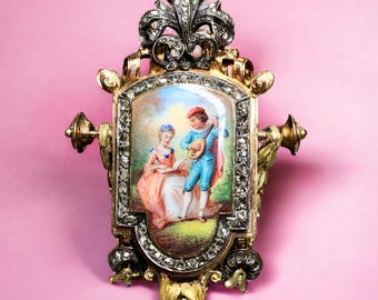 Antique Georgian 18K Silver Rose Diamond Enamel Limoges Mandolin Brooch Pin