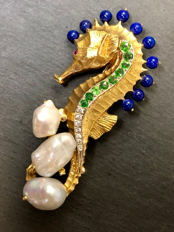 18K Lapis Tsavorite Garnet Diamond Pearl Seahorse… - image 2