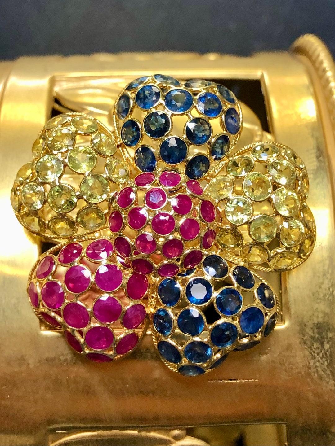 Vintage 18K Ruby Yellow Blue Sapphire Flower Brooch Pin 15.45cttw