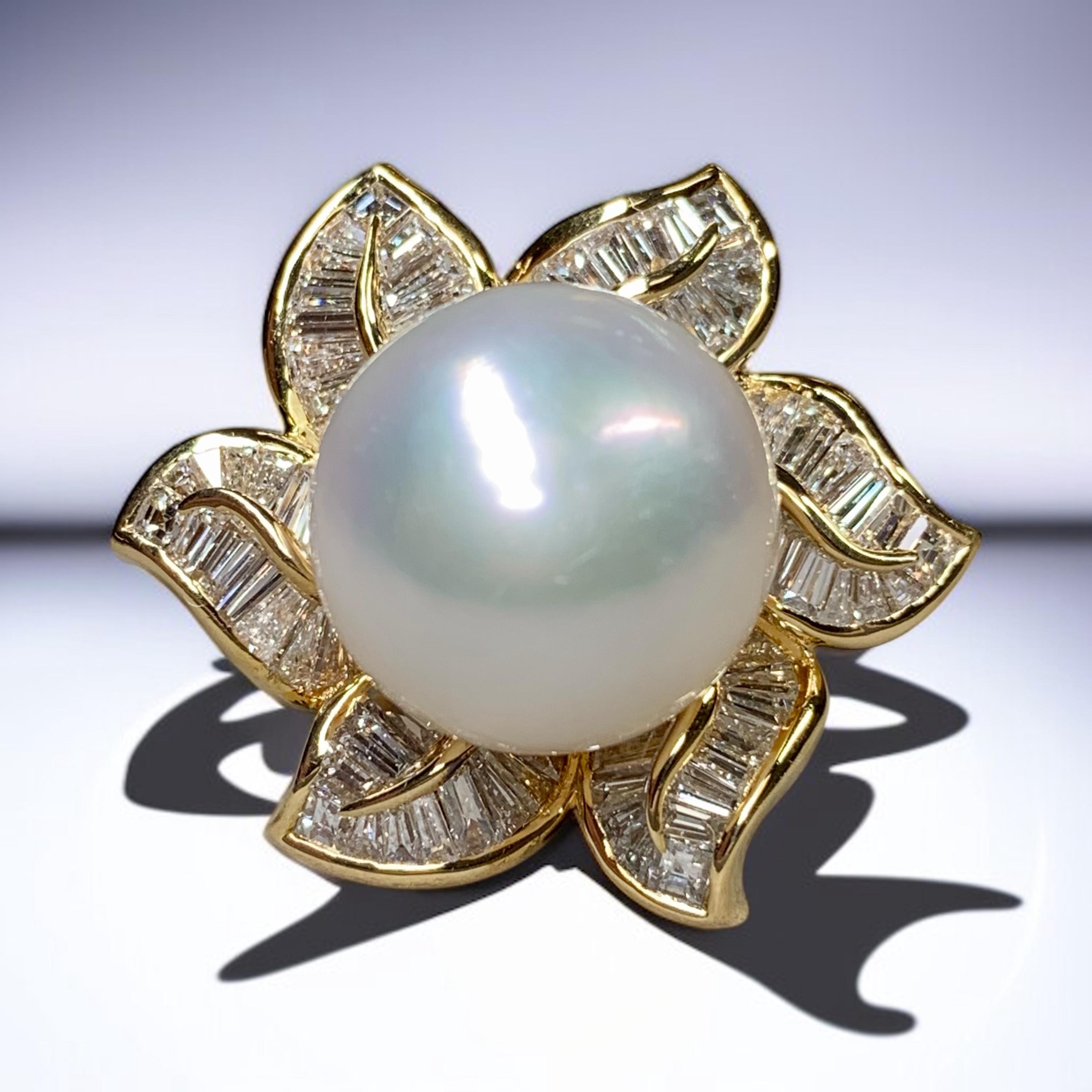 Estate 18K Baguette Diamond South Sea Pearl Large Floral Cocktail Ring 4.50ctw