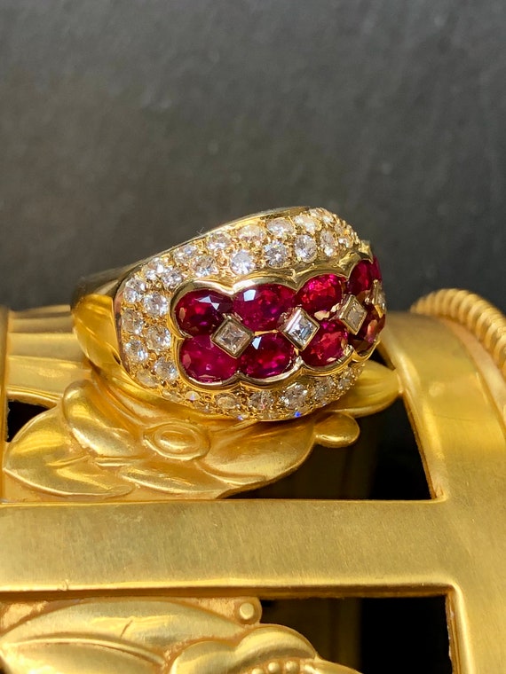 Estate 18K Yellow Gold Oval Ruby Pave Diamond Coc… - image 3