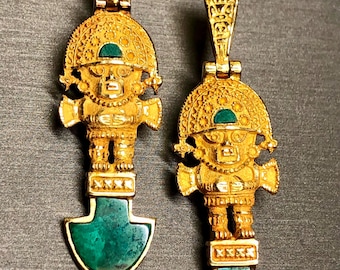 Estate 18K Yellow Gold Malachite Peruvian Tumi Deity Hook Back Drop Earrings