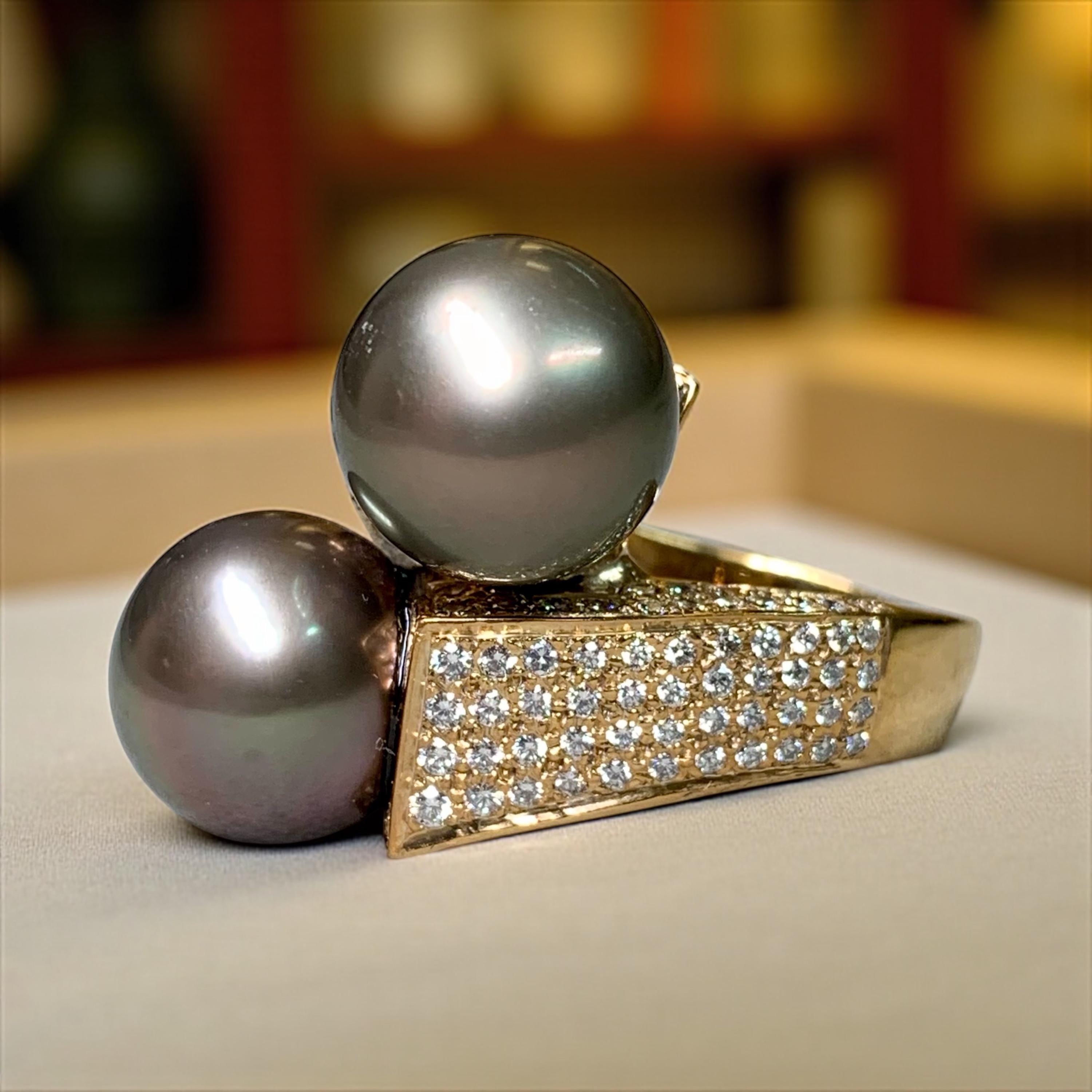 Estate 14K South Sea Tahitian Pearl Diamond Bypass Cocktail Ring