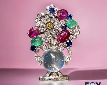 Antique Art Deco Platinum Tutti Frutti Moonstone Diamond Flower Pot Brooch