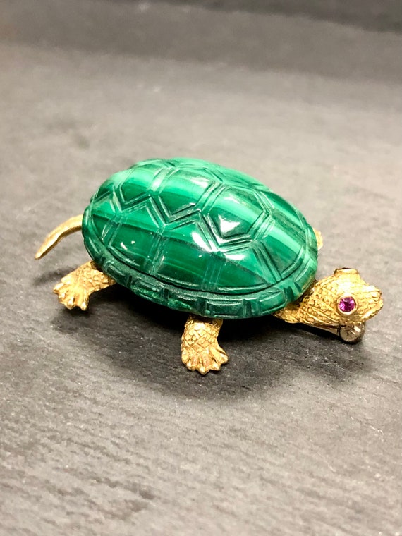18K Malachite Ruby Turtle Pin - image 5