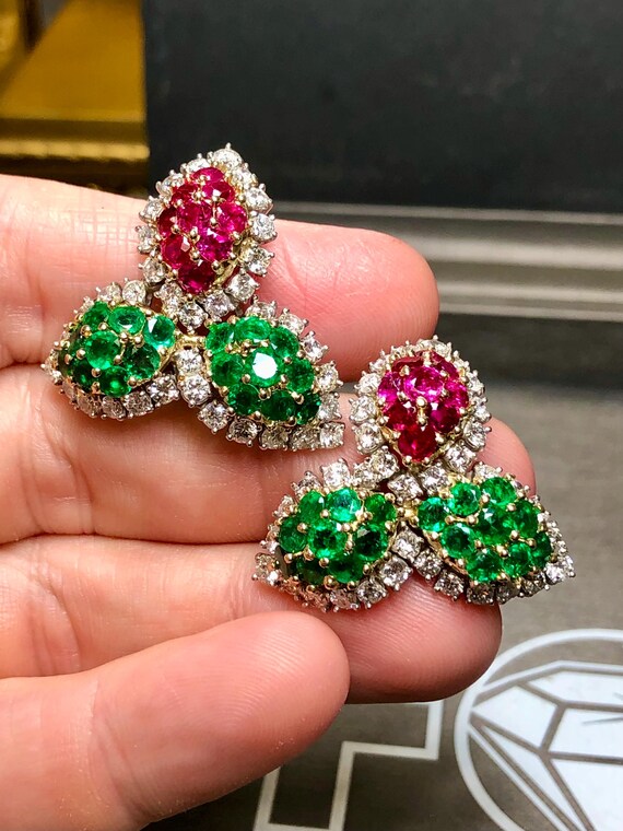 Platinum 18K Ruby Emerald Diamond Leaf Earrings - image 9