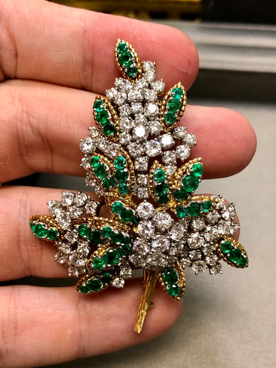 French 18K Platinum Diamond Emerald Leaf Brooch View 6