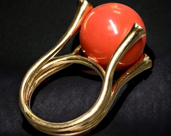 Vintage 18K Yellow Gold Large Coral Sphere Diamond Cocktail Ring 15.76mm Sz 7