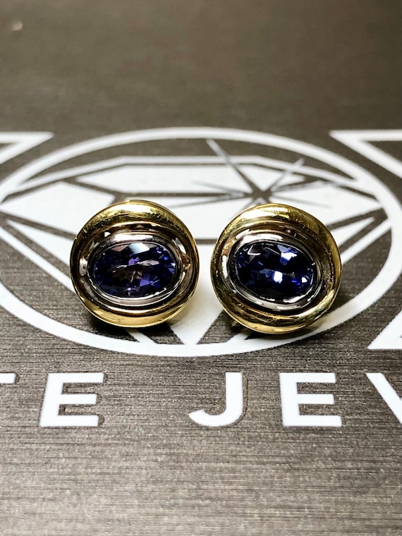 Estate Two Tone 18K Tanzanite Bezel Stud Earrings 