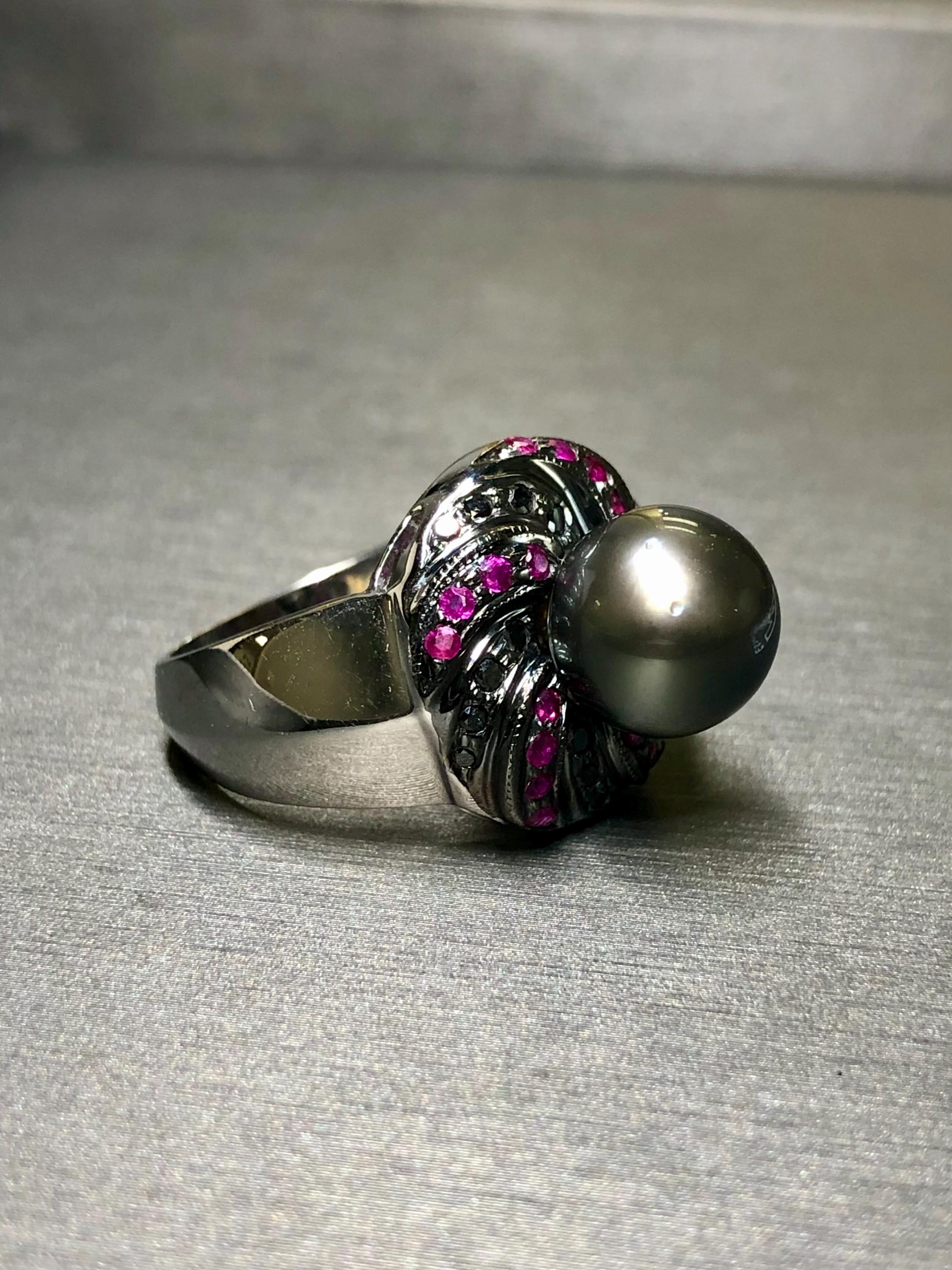 エステート 14K タヒチアンパール ブラックダイヤモンド ルビー 