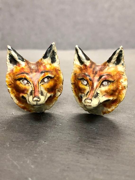 Vintage 14K Enamel Diamond Fox Cufflinks