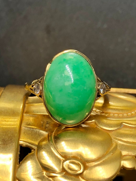 Antique Art Deco 18K Cabochon Jade European Diamo… - image 2