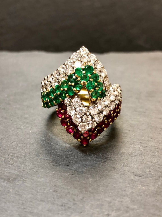 18K Diamond Emerald Ruby Italian Chevron Ring