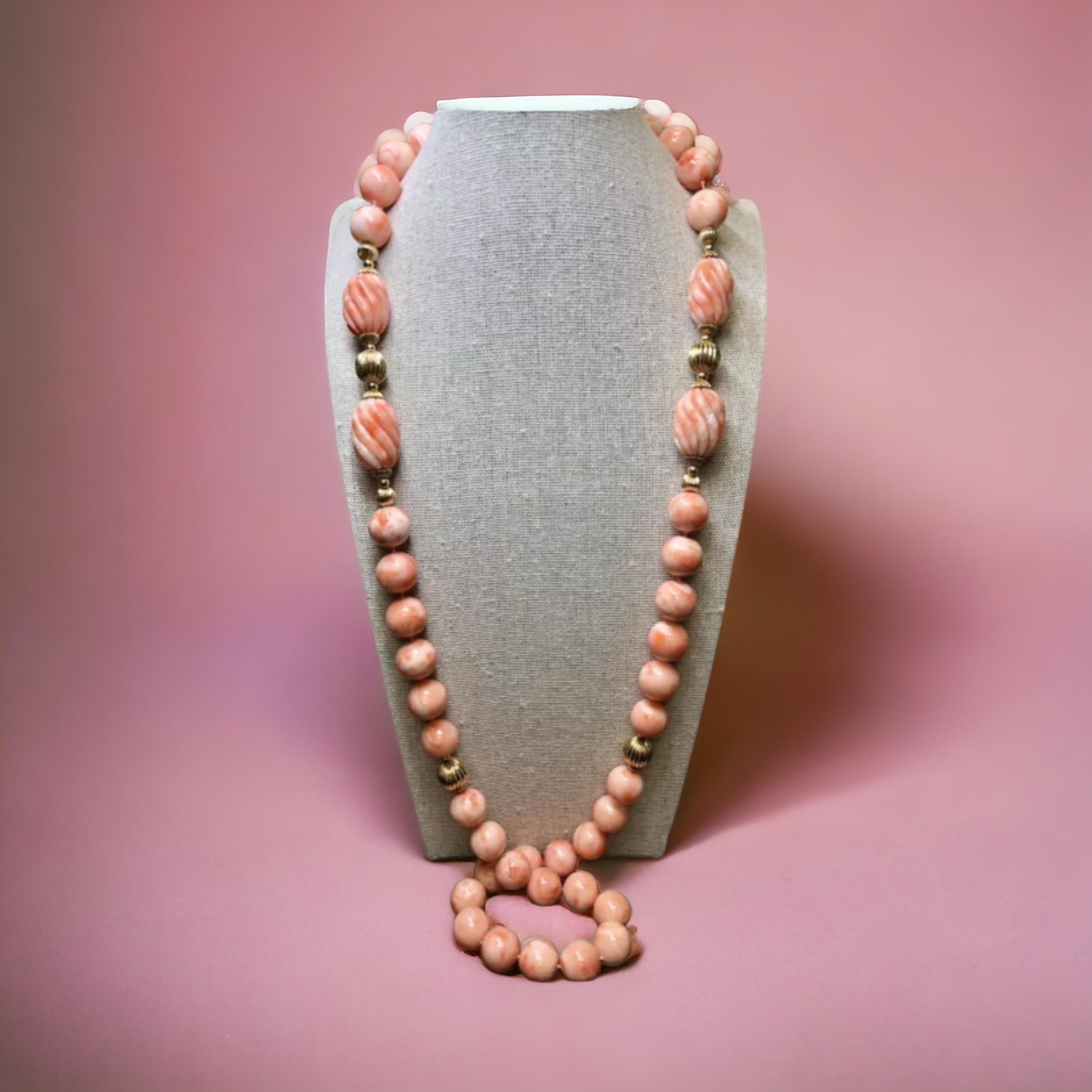 Vintage 14K Angel Skin Coral Bead Opera Length Necklace 33”