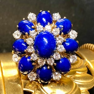 Vintage 1960’s 18K Cabochon Lapis Diamond Large Bombe Cocktail Dome Ring Sz 6.5