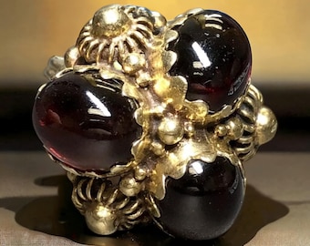 Vintage 1960’s 14K Triple Garnet Cabochon Floral Cocktail Ring 12cttw Sz 4.5