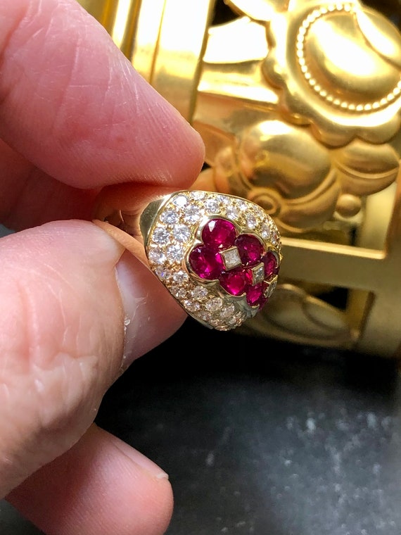 Estate 18K Yellow Gold Oval Ruby Pave Diamond Coc… - image 6