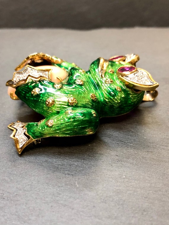 Vintage 18K Green Enamel Coral Cabochon Ruby Diam… - image 6