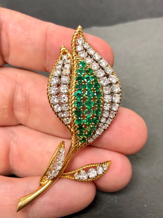 18K Platinum Diamond Emerald Tulip Brooch - image 6