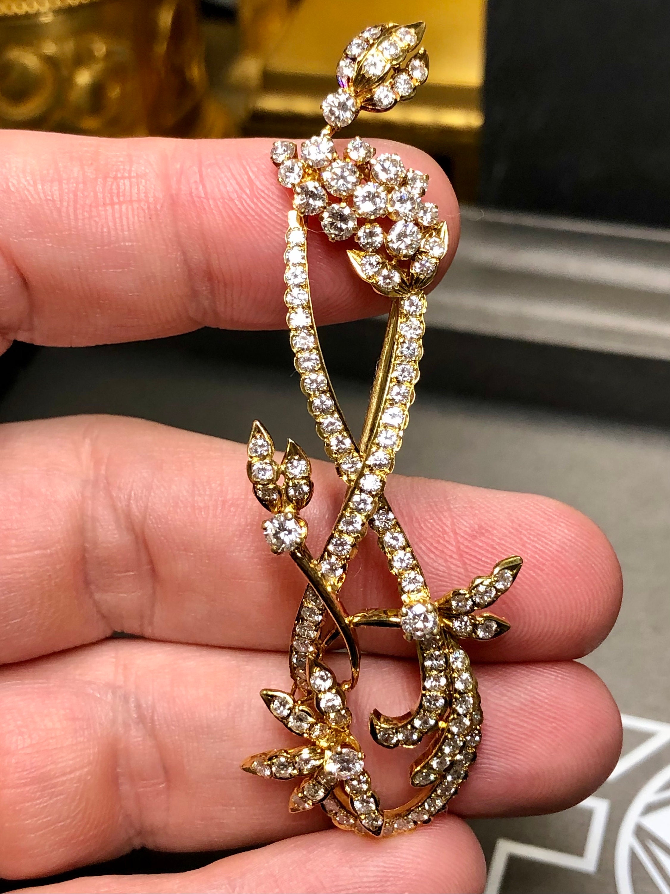 ヴィンテージ 14K ダイヤモンド ロング フローラル ブローチ