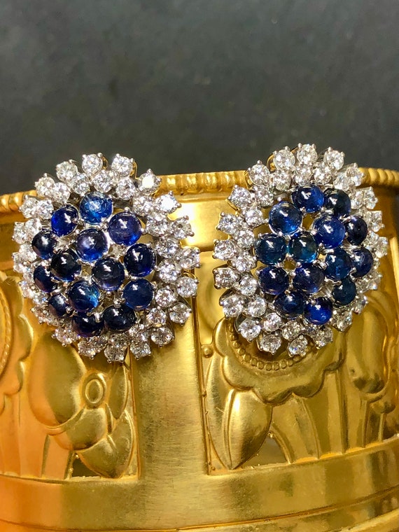 18K Cabochon Sapphire Diamond Earrings