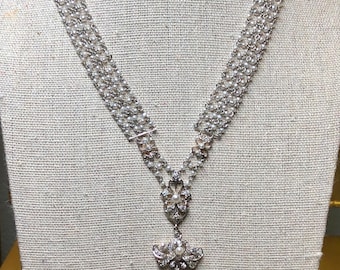 Antique Edwardian Platinum Diamond Moonstone Seed Pearl Sautoir Necklace 16.5”