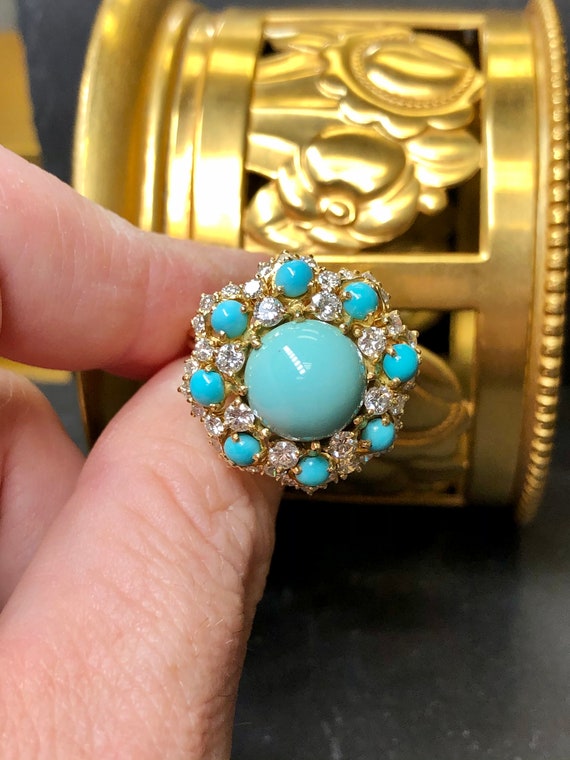 Vintage Octagonal 18K Cabochon Turquoise Diamond … - image 6