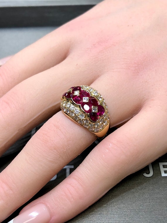 Estate 18K Yellow Gold Oval Ruby Pave Diamond Coc… - image 9
