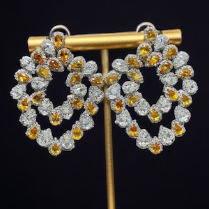 Estate 14K Pear Round Diamond Orange Sapphire Large Omega Back Earrings 19.80cttw