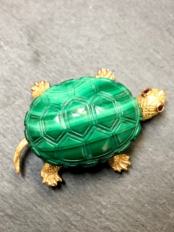 18K Malachite Ruby Turtle Pin - image 1